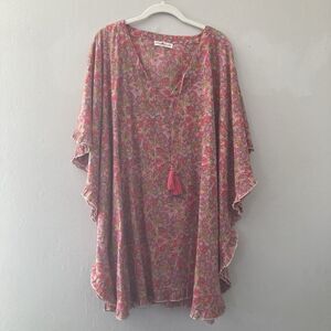 Natural Life Cover Up Tunic XL Pink Floral Cotton Beach Lounge Ruffle Tassel